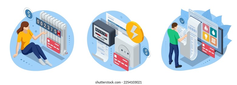 Isometric invoice, payment for heat energy and electricity. Utility bills and saving resources concept. Utility bills payment. Heat energy and electricity consumption expenses. Household utilitie