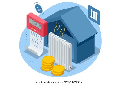 Isometric invoice, payment for heat energy. Utility bills and saving resources concept. Utility bills payment. Heat energy consumption expenses. Household utilities