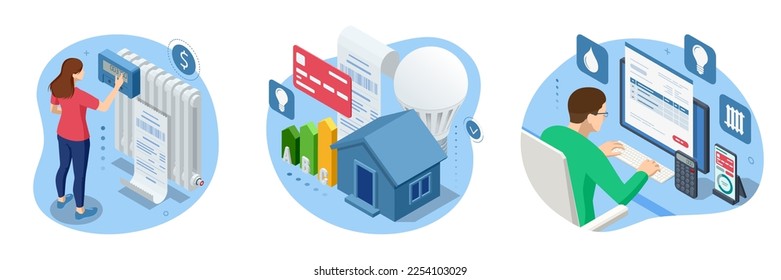 Isometric invoice, payment for heat energy and electricity. Utility bills and saving resources concept. Utility bills payment. Heat energy and electricity consumption expenses. Household utilitie