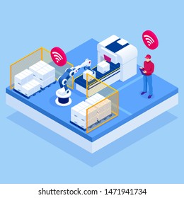 Isometric iot smart industry 4.0 with development production packaging and delivery steps. Automation robotic arm working in operation machine zone in factory.