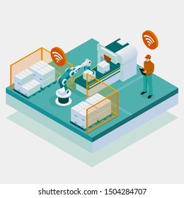 Isometric iot smart industry 4.0 with development production packaging and delivery steps. Automation robotic arm working in operation machine zone in factory.