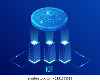 Isometric IOTA Cryptocurrency mining farm. Blockchain technology, cryptocurrency and a digital payment network for financial transactions. Abstract blue background.