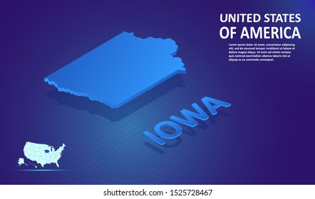 Isometric IOWA State map on blue and glowing background. 3D Detailed Map in perspective with place for your text or description.Technology Information Graphic Elements for Website, app, UI, Travel