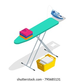 Isometric iron, ironing board and laundry basketf flat style vector illustration isolated on white background.
