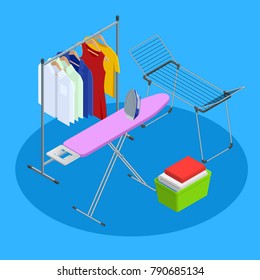 Isometric iron, ironing board and laundry basketf flat style vector illustration isolated on white background.