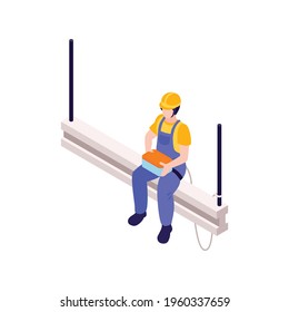 Isometric Ironworker Wearing Safety Harness Sitting On Beam With Lunch Box 3d Vector Illustration