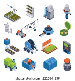 Isometric irrigation systems set with isolated icons of agricultural machinery with tanks motors and water pipes vector illustration