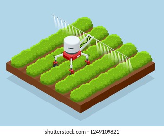 Isometric irrigational smart robotic system on the field. Automated agriculture, technology. Robot farmers programmed to work to spray chemical or water Isometric irrigational smart robotic system on the field. Automated agriculture, technology. Robot farmers programmed to work to spray chemical or water