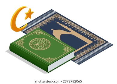 Isometric Islamic Book Koran creciente luna y estrella. Símbolo islámico. Los íconos islámicos pueden ser usados para el mes de Ramadán, Eid y Eid Al-Adha. Kuran o el Corán, haciendo la oración tradicional a Dios.