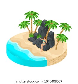 Isometric island with beautiful scenery, sea, beach, sand, palm trees, the girl on vacation sits on stone rocks, makes selfies