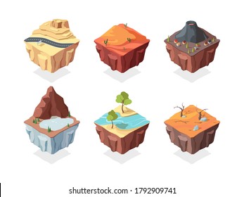 Isometric island game landscapes set. Red desert with cacti volcano with village house mountain lake and plants river with trees on side of road highway on rocky terrain. Vector cartoon platform.