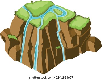 Isometric island illustration with blue water and green grass