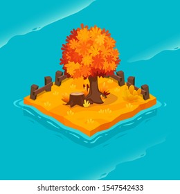 Isometric  island with maple. Vector cartoon illustration for computer games. autumn time