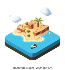 Isometric Island Paradise with Boat Sailing Near Sandy Beach in Perspective View