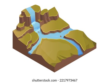 isometric island with river and waterfall