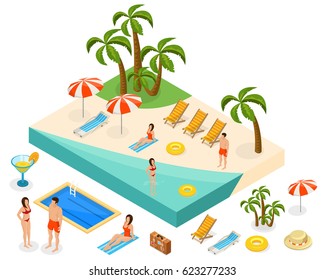 Isometric island travel concept with relaxing people pool and beach vacation elements and objects vector illustration