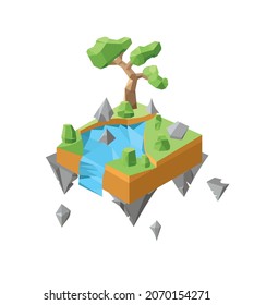 Isometric island with tree and bushes. Flying fantasy rock island. Island in low-poly style.
