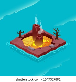 Isometric island. Uninhabited island with volcano. Vector background for game interface. 