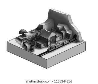 Isometric island. Vector in black and white.