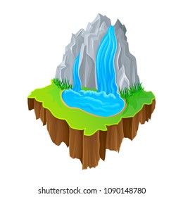 Isometric island with waterfall and green grass. Colorful nature landscape. Vector design for mobile game