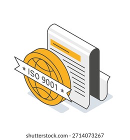 Icono isométrico de certificación ISO 9001. Ilustración vectorial de un documento con un sello de globo dorado y cinta. Gestión de la calidad, cumplimiento de normas y concepto de acreditación empresarial.