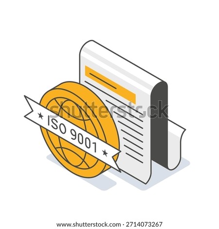 Isometric ISO 9001 certification icon. Vector illustration of a document with a golden globe seal and ribbon. Quality management, standard compliance, and business accreditation concept.