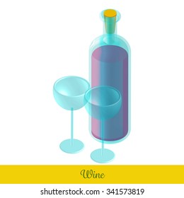 Isometric isolated blue glass bottle with translucent effect