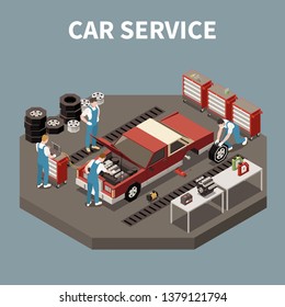 Isometric and isolated car service composition with two workers and car repair vector illustration