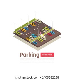 Isometric and isolated city composition with parking description and read more button vector illustration