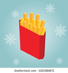 Isometric isolated french fries. Fast food in snow winter. Illustration for design fast food menu