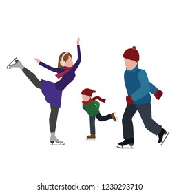 Isometric isolated happy family skating. Recreation lifestyle, activity speed extreme