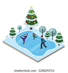 Isometric isolated happy family skating. Recreation lifestyle, activity speed extreme