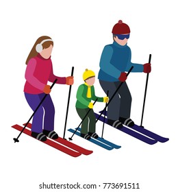 Isometric isolated happy family skiing. Cross country skiing, winter sport. Olimpic games, recreation lifestyle, activity speed extreme