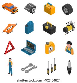 Isometric isolated icon set with colorful elements of car service like equipment staff and tools  vector illustration