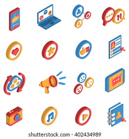 Isometric isolated icon set  with decorative colorful symbols and elements of social network and internet vector illustration