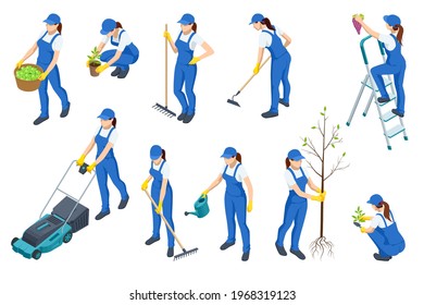 Isometric Isolated Icons Of Woman Working On Farm, In Garden. Woman Harvests, Plants A Tree And Seedlings, Water, Carries A Basket Of Crops