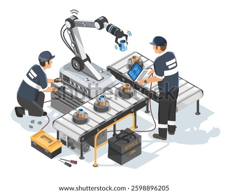 Isometric Isolated Illustration of Engineers Calibrating and Configuring an Industrial Robotic Arm on a Smart Factory Production Line