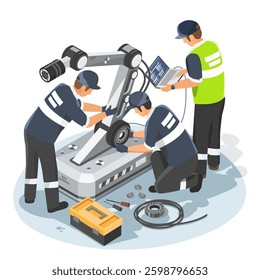 Isometric Isolated Illustration of Engineers Installing and Maintaining an Industrial Robotic Arm for Automation in Smart Manufacturing