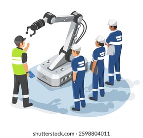 Isometric Isolated Illustration of Engineers Receiving Training on Industrial Robotic Arm for Automation in Smart Manufacturing cartoon