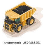 Isometric Isolated Illustration of a Heavy-Duty Mining Truck Transporting Raw Ore runing fast