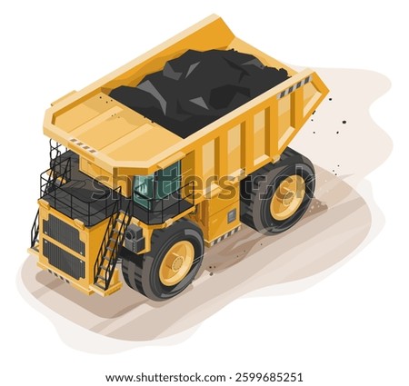 Isometric Isolated Illustration of a Heavy-Duty Mining Truck Transporting Raw Ore runing fast