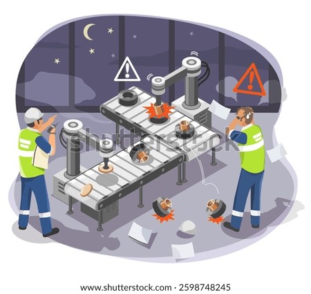 Isometric Isolated Illustration of Night Shift time Workers Handling a Robotic Malfunction on an Automated Factory Production Line human problem concept