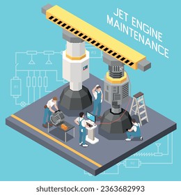 Concepto de ingeniero de mantenimiento industrial isométrico y aislado con descripción de mantenimiento del motor de chorro ilustración vectorial