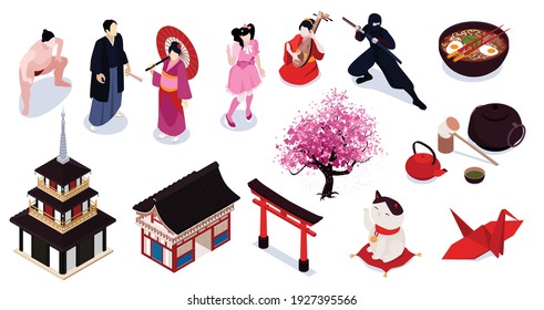 Isometric isolated japan icon set with traditional wear food style and architecture vector illustration