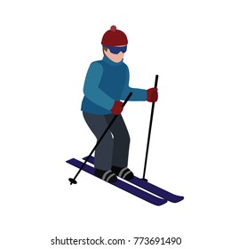 Isometric isolated man skiing. Cross country skiing, winter sport. Olimpic games, recreation lifestyle, activity speed extreme