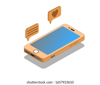 Isometric isolated mobile phone and social icons. Beige smartphone and icons in the style of isometry. 
3D Vector illustration.