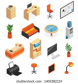 Isometric isolated office furniture icon set with couch lamp computer table chair wardrobe vector illustration