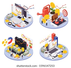 Isometric isolated and round wealth management icon set with different ways of making money vector illustration