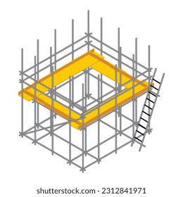 Isometric and isolated scaffolding installation. Vector illustration of construction and repair working platform.