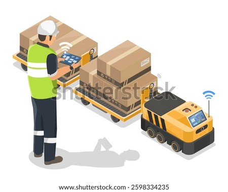 Isometric Isolated Smart Warehouse with Automated Guided Vehicle AGV and Engineer Controlling Logistics in Industry 4.0